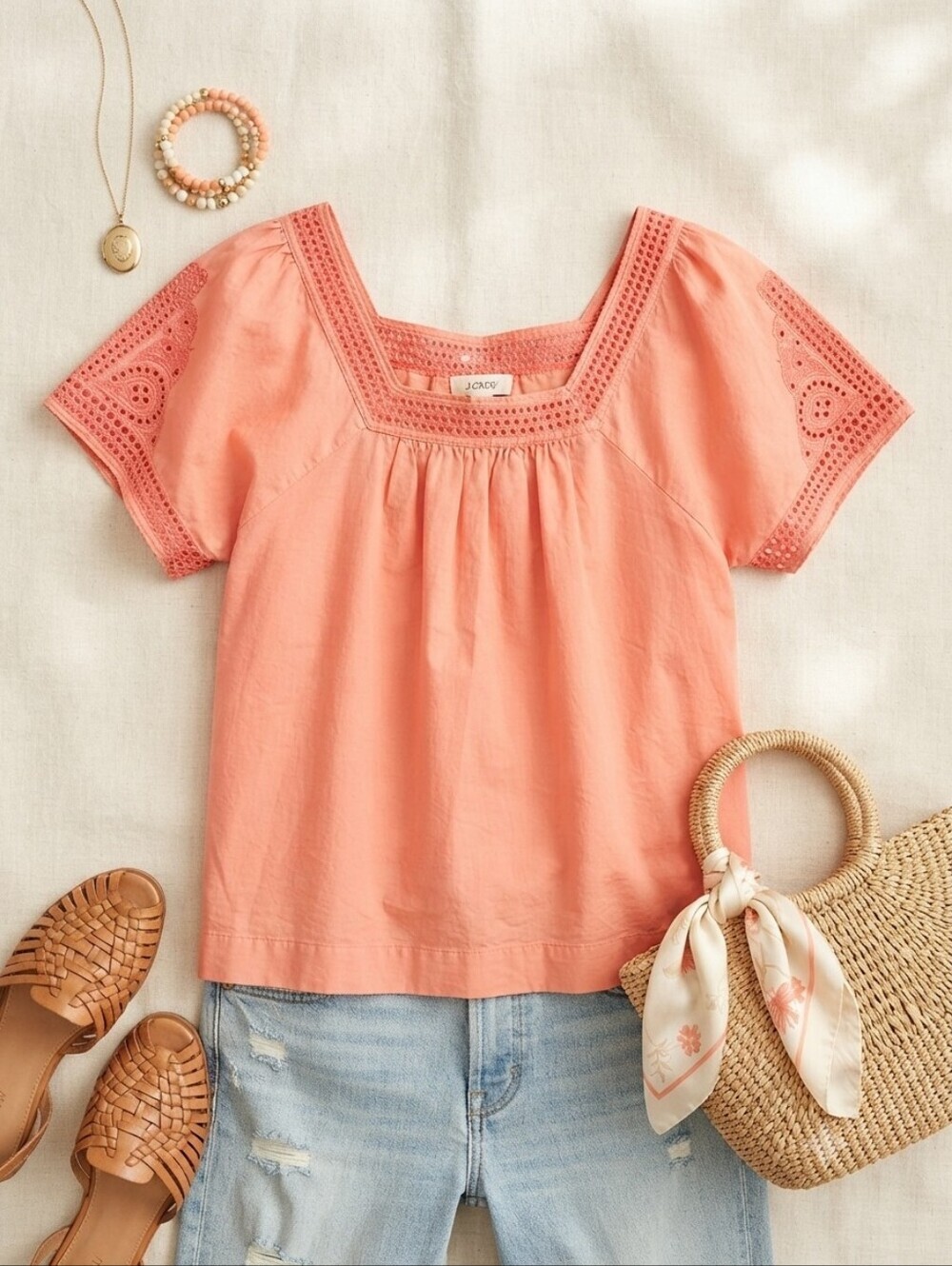 J. Crew Peach Orange Pink Silk Cotton Eyelet Peasant Top Blouse